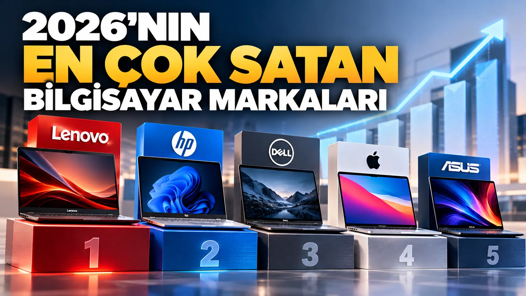 2026 yılında bilgisayar pazarında öne çıkan markaları temsil eden dizüstü bilgisayarlar