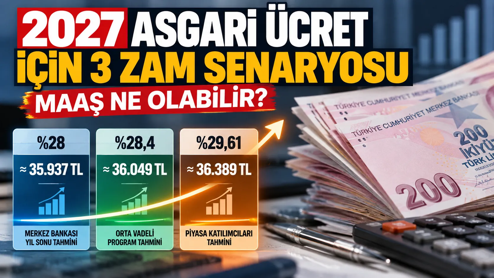 2027 asgari ücret zam senaryoları ve olası net maaş artışını gösteren ekonomi görseli