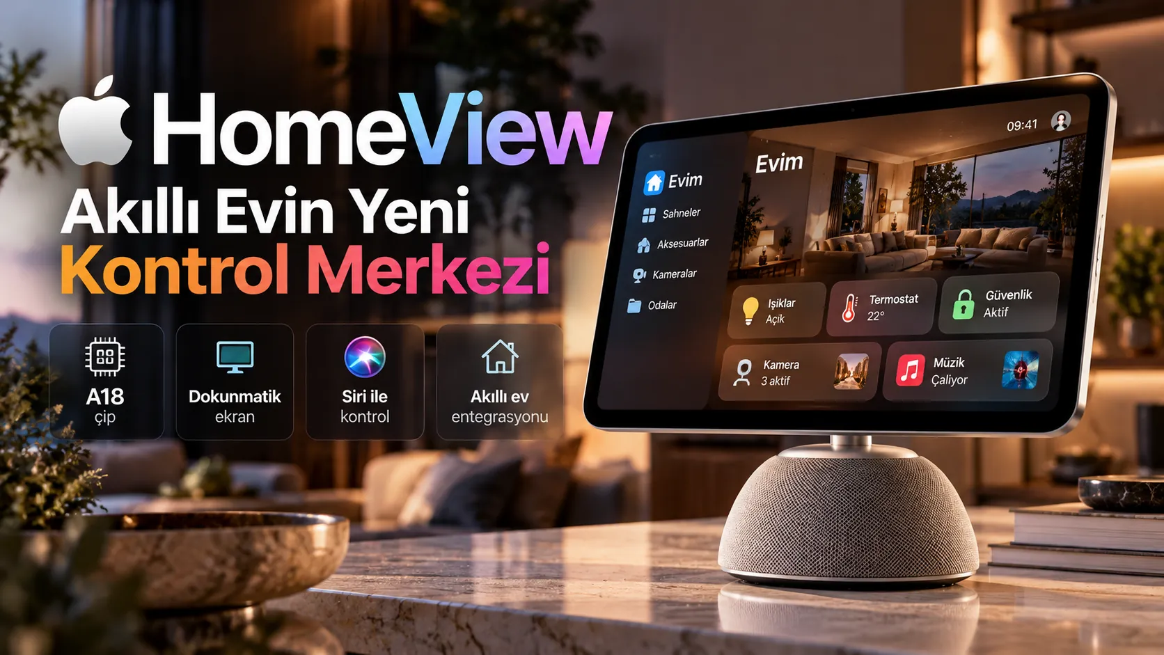 Apple HomeView akıllı ev merkezi, ekranı ve hoparlör tabanıyla modern bir ev ortamında