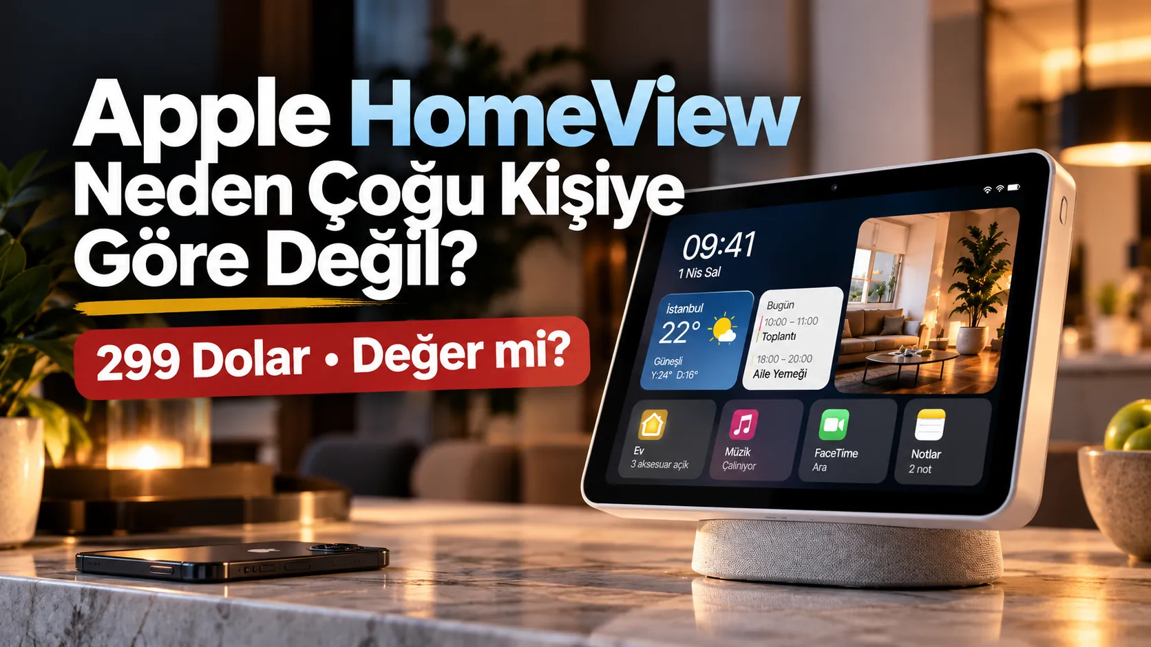 Apple HomeView akıllı ev ekranı, dokunmatik arayüzü ve masaüstü hoparlör tabanı