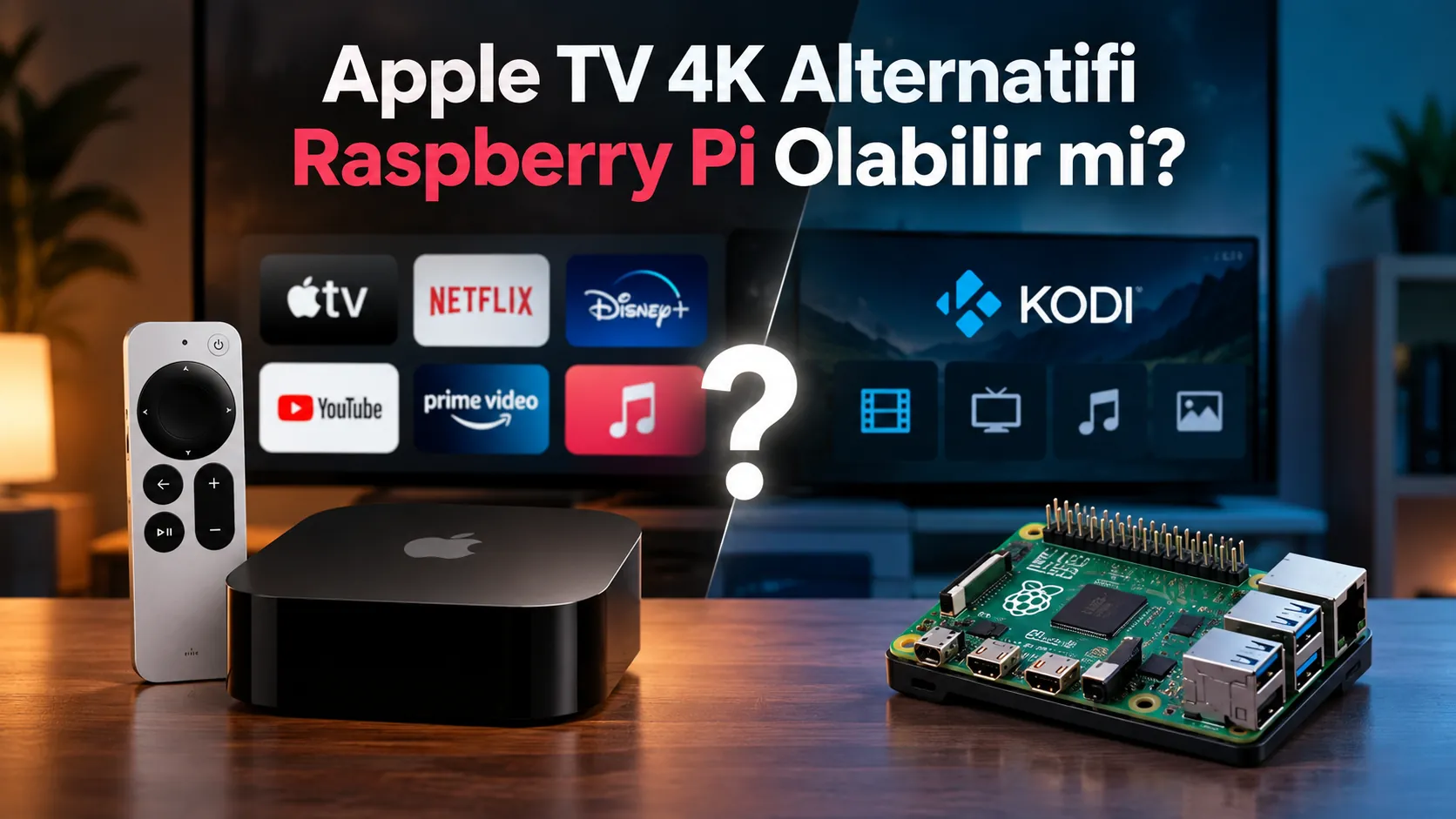 Apple TV 4K ve Raspberry Pi cihazlarının televizyon ve medya merkezi kullanımına yönelik karşılaştırması