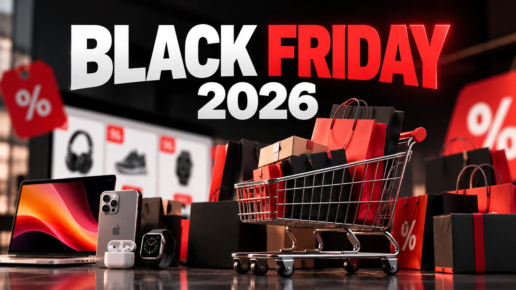 Black Friday 2026 indirim dönemini temsil eden alışveriş çantaları ve kampanya etiketleri