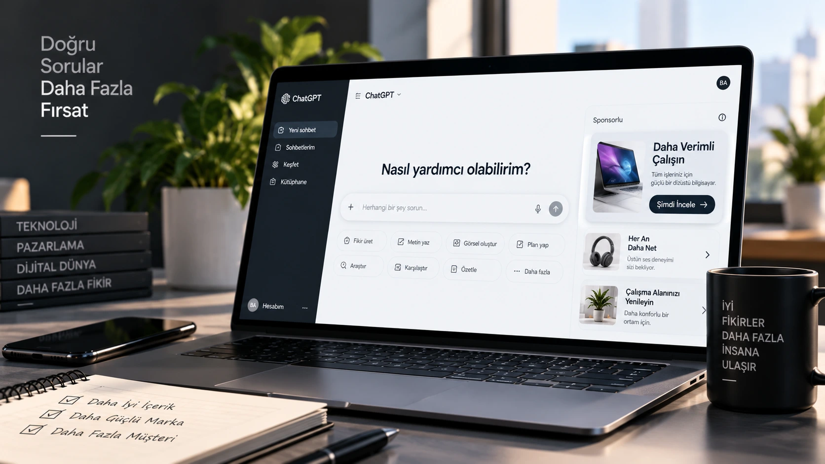 ChatGPT'de reklam gösterimini anlatan dijital teknoloji ekranı