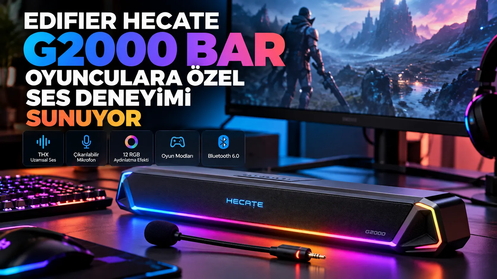 Edifier Hecate G2000 Bar RGB aydınlatmalı oyuncu soundbar'ı ve çıkarılabilir mikrofonu