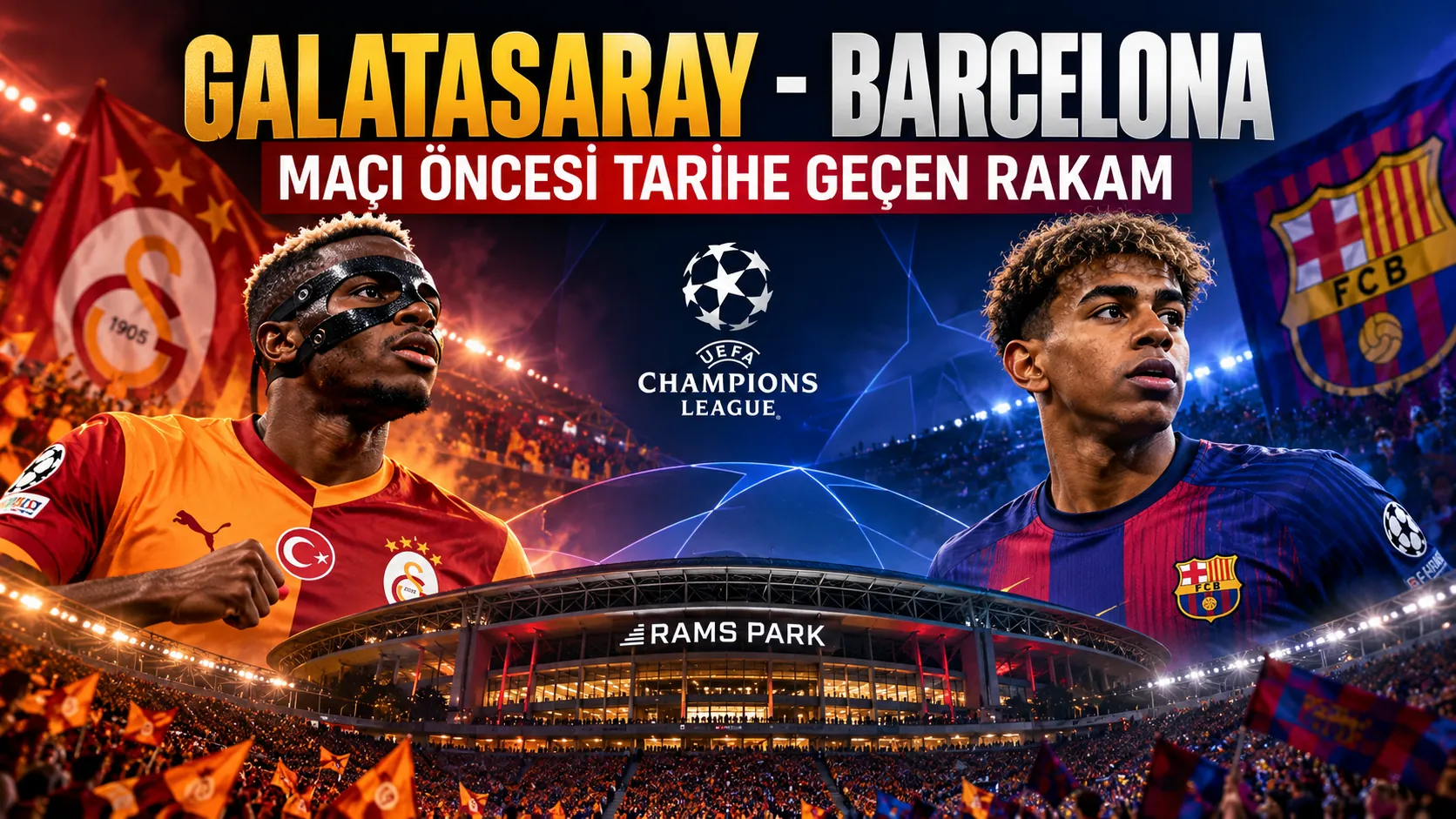 Galatasaray ve Barcelona takımlarının Şampiyonlar Ligi karşılaşmasını temsil eden futbol sahası ve takım renkleri