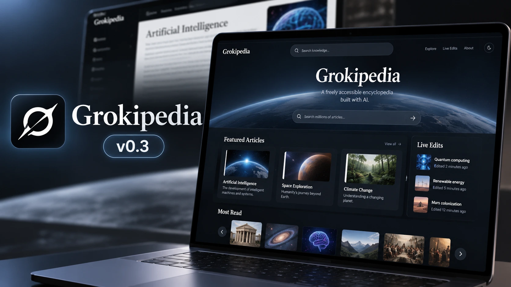 Grokipedia v0.3 güncellemesini gösteren yenilenmiş yapay zekâ ansiklopedisi arayüzü