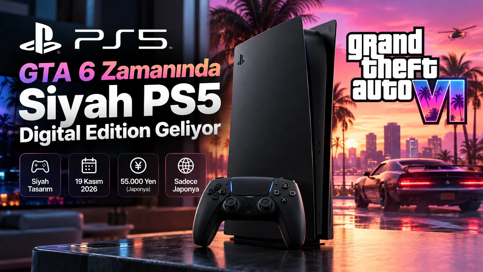 Sony PS5 Digital Edition Midnight Black siyah oyun konsolu ve DualSense kontrolcüsü