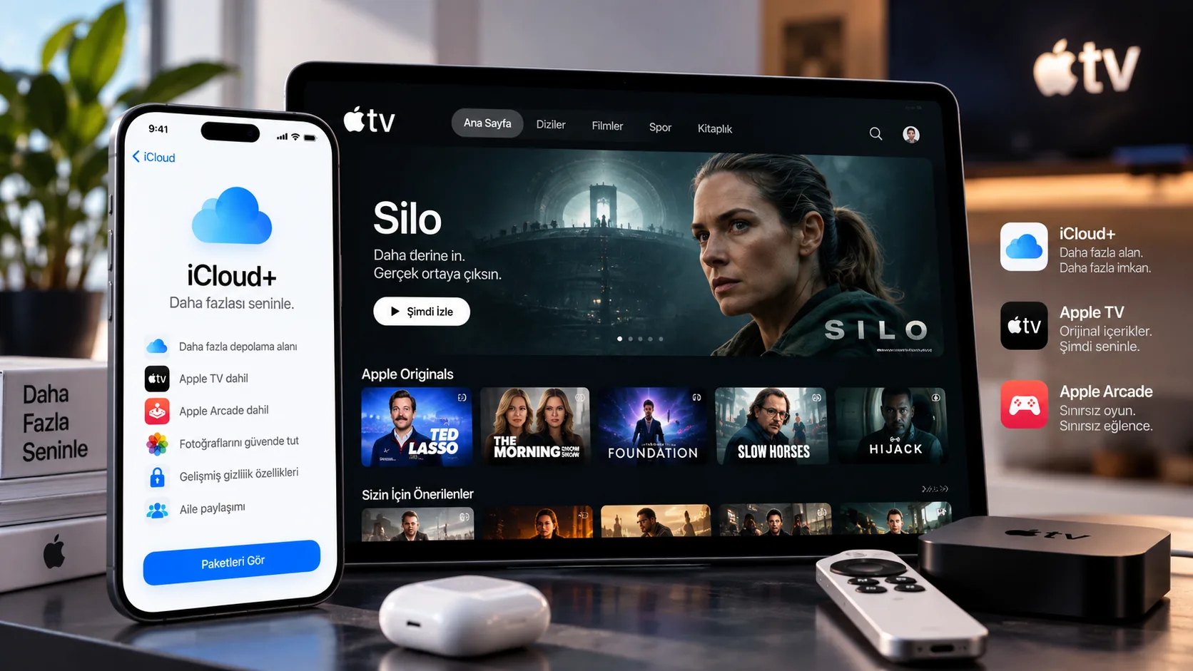 iCloud+ aboneliği ve Apple TV erişimini gösteren dijital ekran