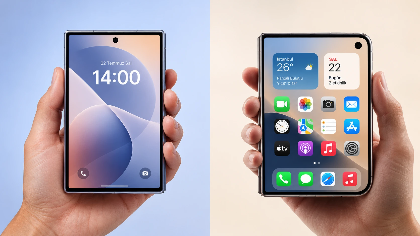 Google ve Apple katlanabilir telefonlarını temsil eden iki farklı cihazın karşılaştırmalı görseli