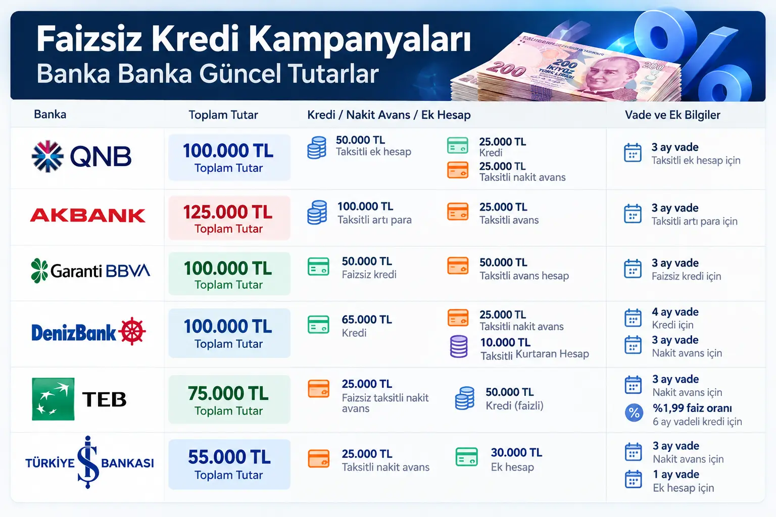 Faizsiz Kredi Kampanyaları Tablosu