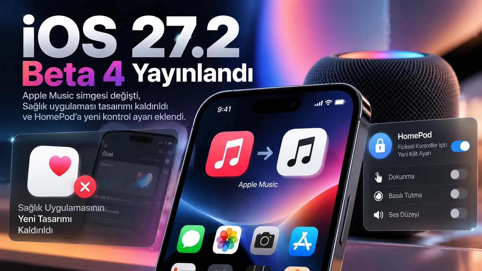 iOS 27.2 Beta 4 güncellemesinde Apple Music simgesi ve iPhone yazılım arayüzündeki değişiklikler.