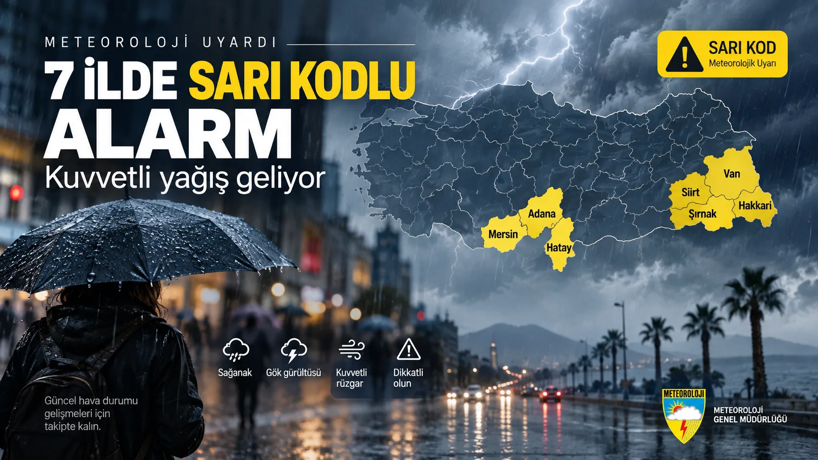 Meteoroloji'nin kuvvetli yağış ve sarı kodlu hava uyarısını gösteren görsel