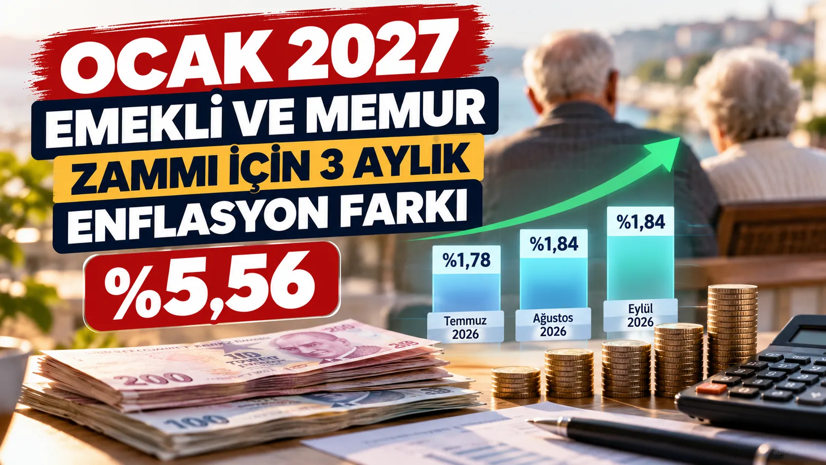 Ocak 2027 emekli ve memur zammı için 3 aylık enflasyon farkını gösteren maaş hesaplama görseli