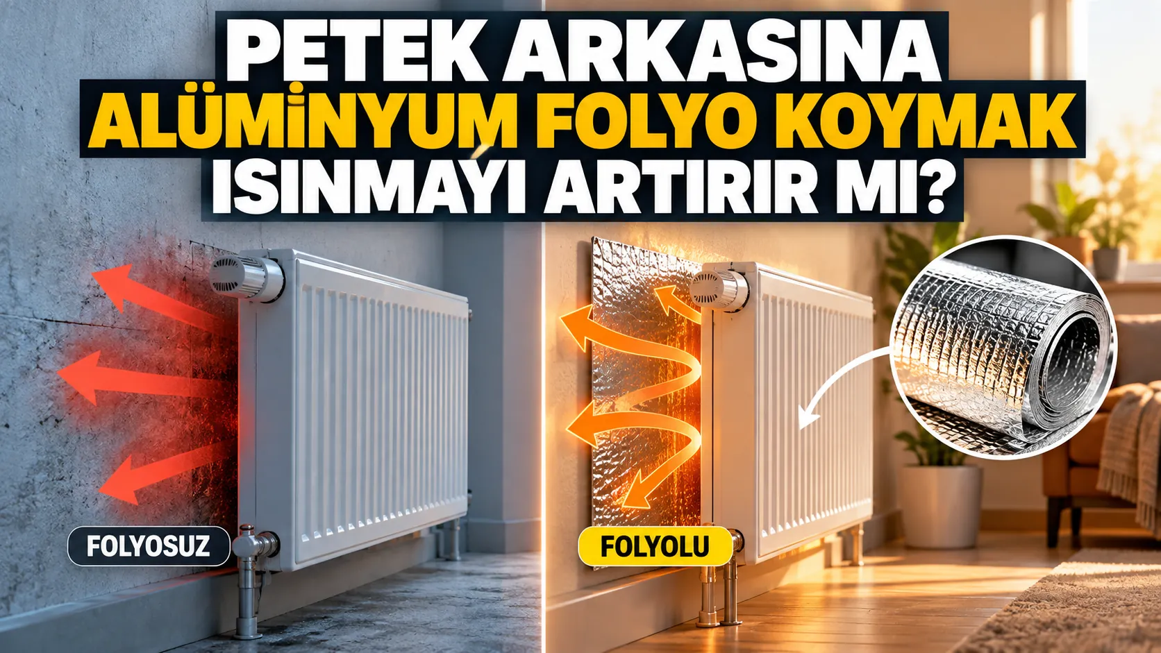Duvar önündeki kalorifer peteğinin arkasına yerleştirilen alüminyum folyo ısı yalıtım uygulaması