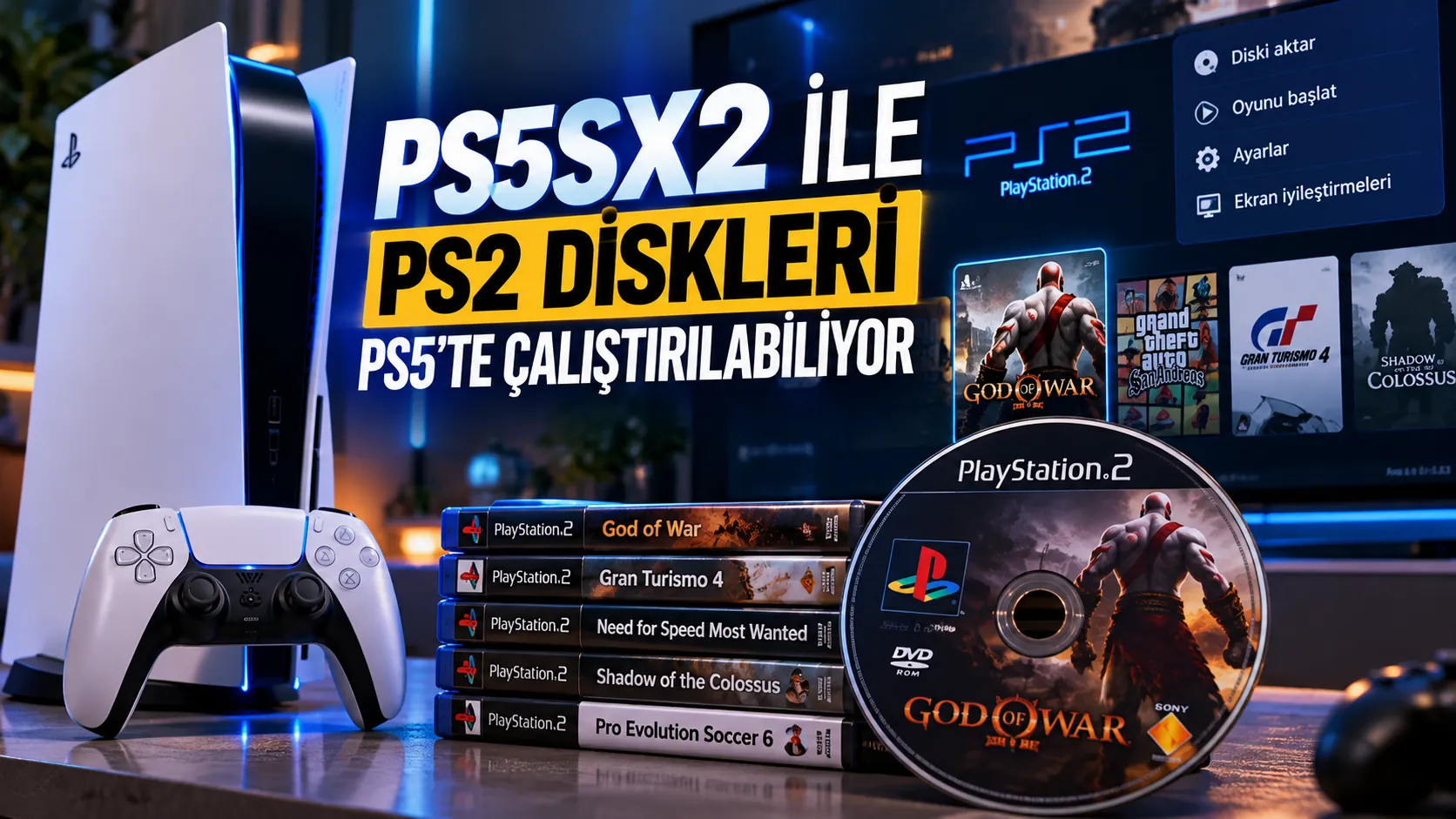 PlayStation 5 konsolu ve yanında bulunan PlayStation 2 oyun diski, PS5SX2 emülatörüyle geriye dönük oyun desteğini temsil ediyor