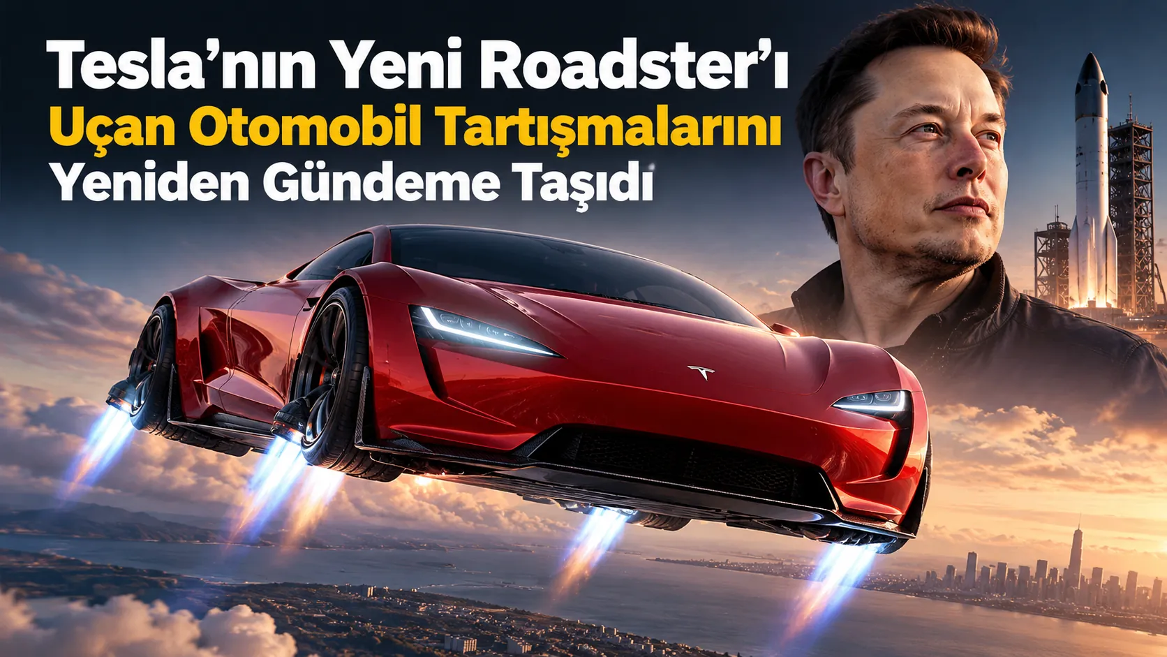 Tesla Roadster elektrikli spor otomobil ve uçan araç teknolojisi konsepti