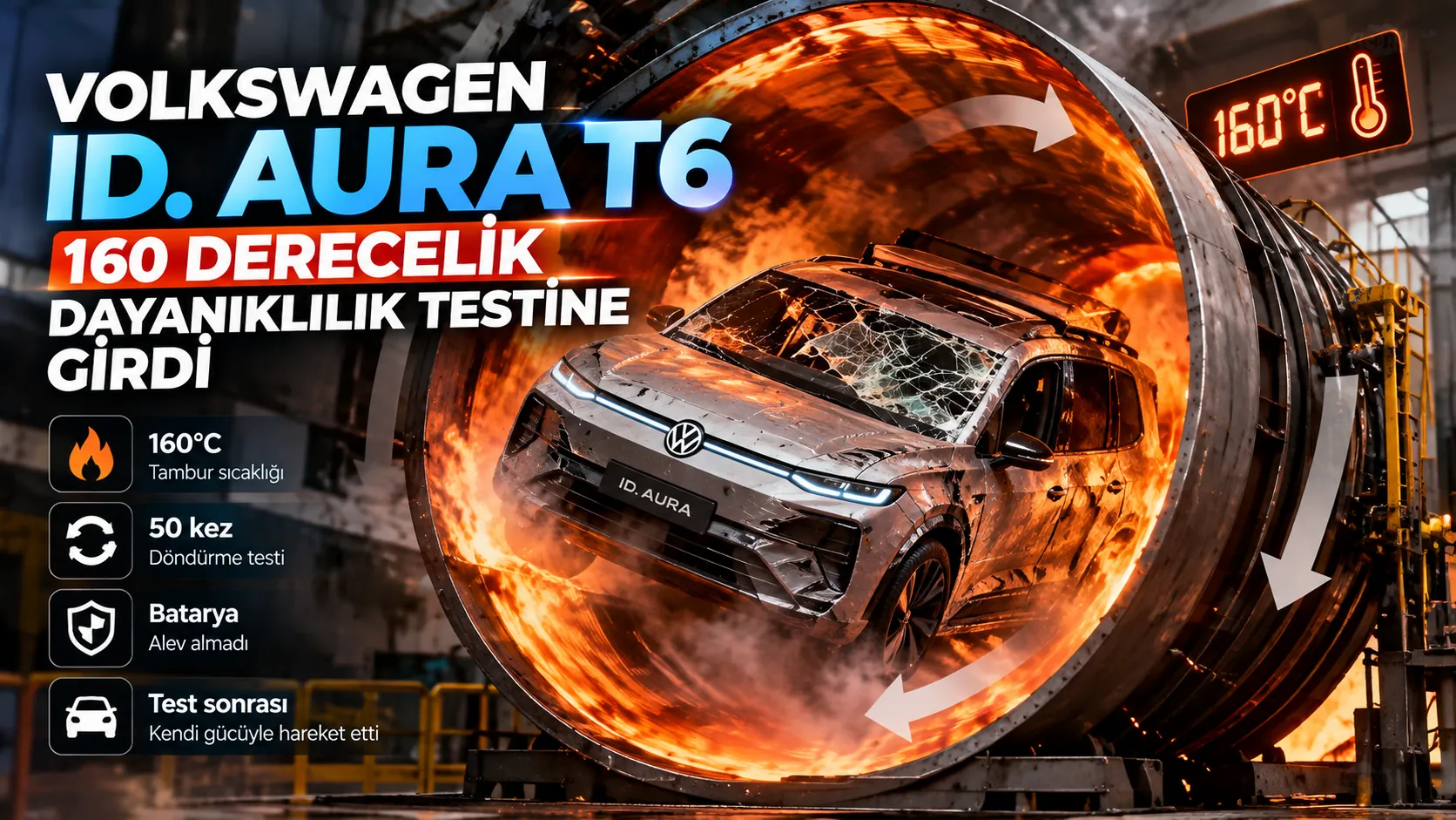 Volkswagen ID. AURA T6 elektrikli SUV modelinin yüksek sıcaklık ve devrilme dayanıklılık testi