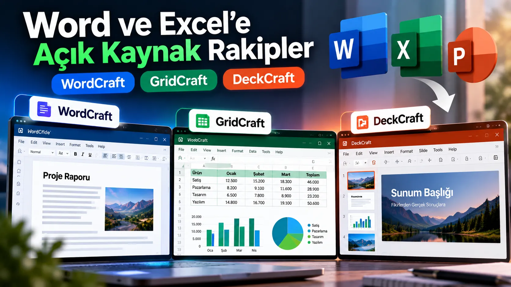 Microsoft Word ve Excel’e açık kaynaklı alternatifler WordCraft ve GridCraft ile PowerPoint rakibi DeckCraft’ı temsil eden ofis yazılımları